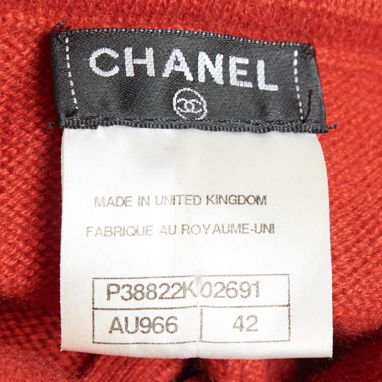 Pre Owned Chanel Red Cashmere Button Front Sleeve Detail Cardigan L