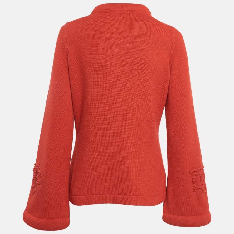 Pre Owned Chanel Red Cashmere Button Front Sleeve Detail Cardigan L