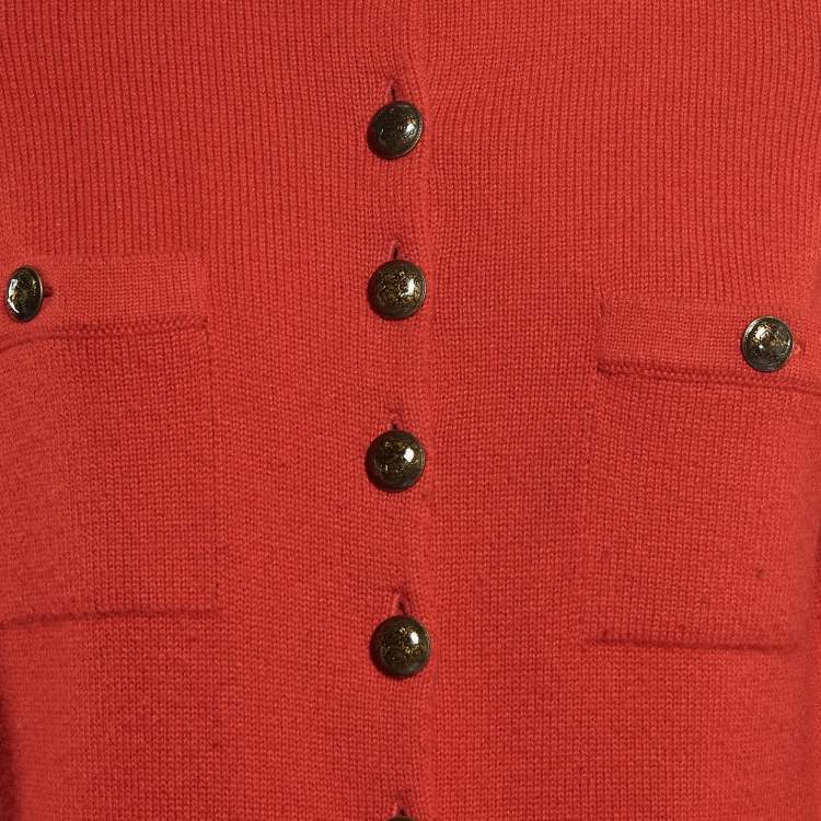 Pre Owned Chanel Red Cashmere Button Front Sleeve Detail Cardigan L