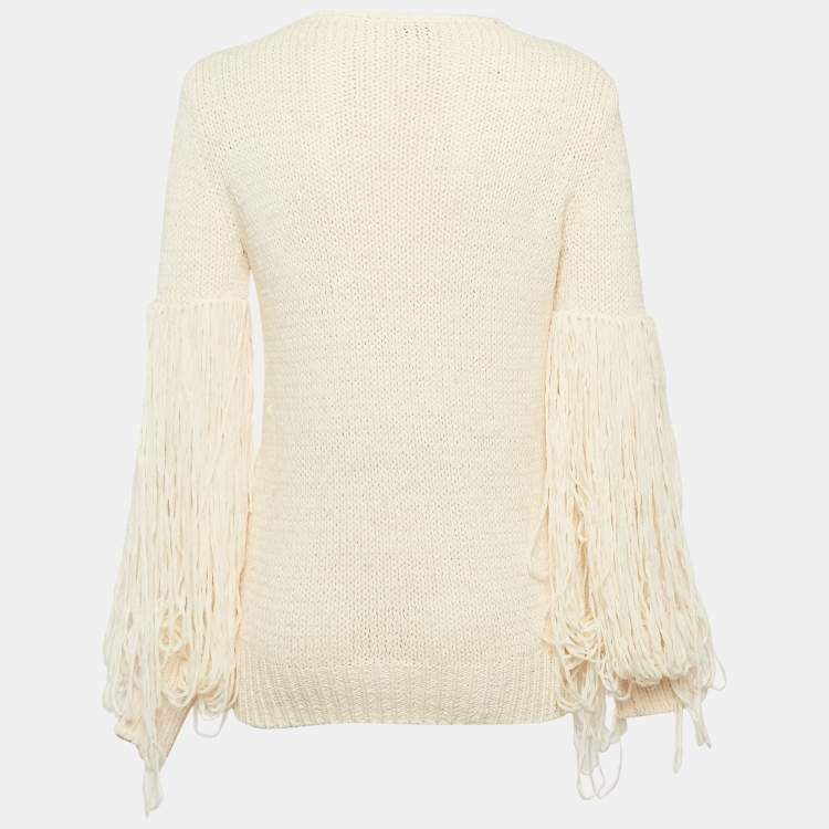 Pre Owned Chanel Cream Patterned Knit Pullover Sweater S