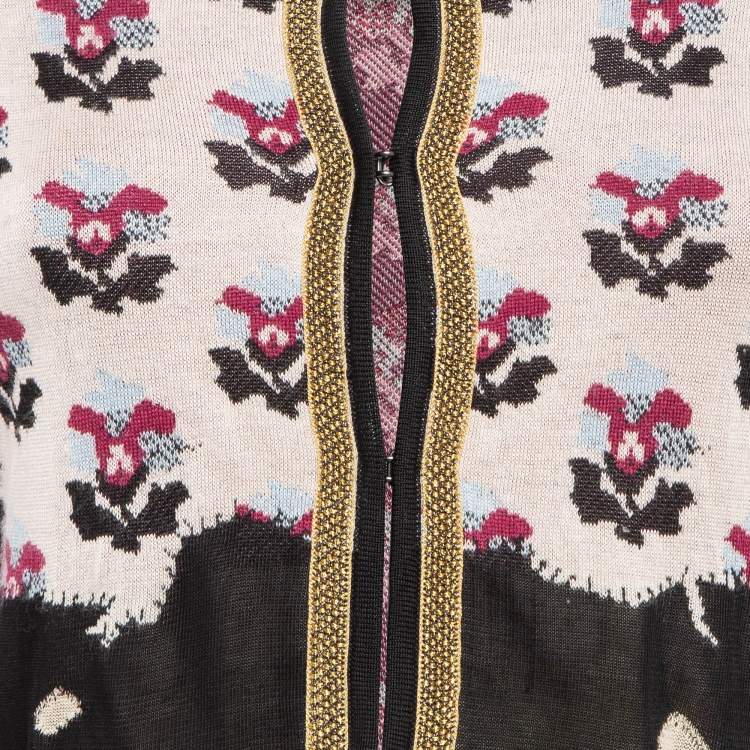 Pre Owned Chanel Pink Floral Pattern Knit Feather Fringe Detail Cropped Cardigan S