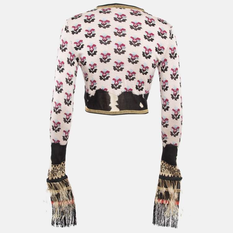 Pre Owned Chanel Pink Floral Pattern Knit Feather Fringe Detail Cropped Cardigan S