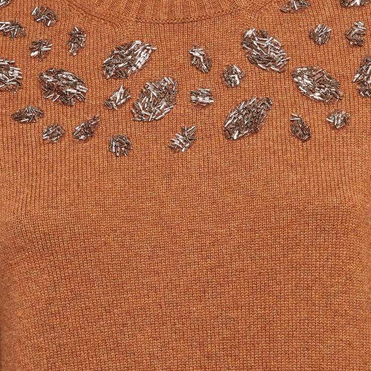 Pre Owned Chanel Brown Embellished Cashmere Knit Tunic Sweater M