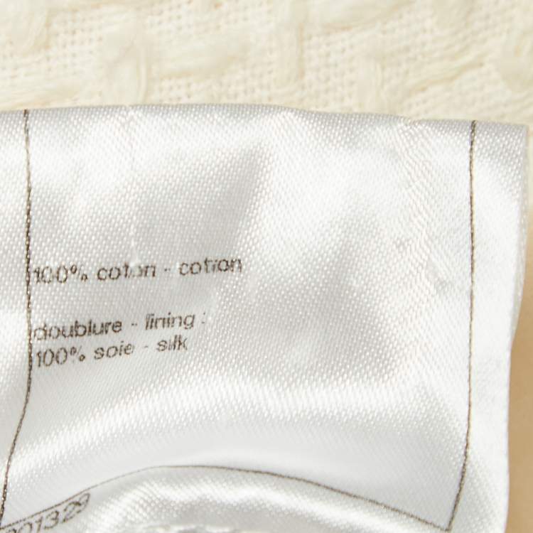 Pre Owned Chanel White Textured Cotton Pearl Button Detail Zip-Up Jacket M