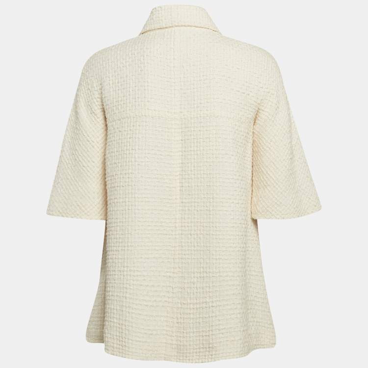 Pre Owned Chanel White Textured Cotton Pearl Button Detail Zip-Up Jacket M
