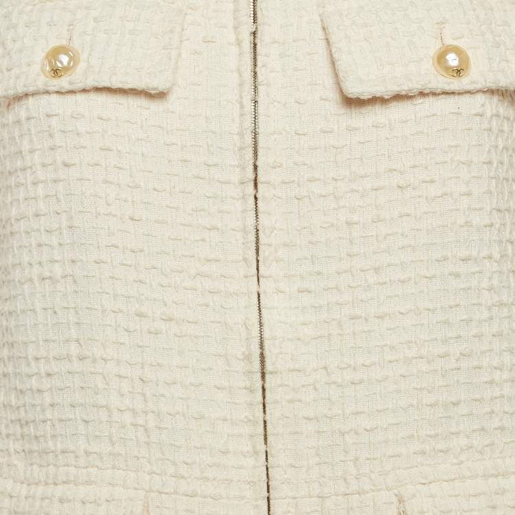 Pre Owned Chanel White Textured Cotton Pearl Button Detail Zip-Up Jacket M