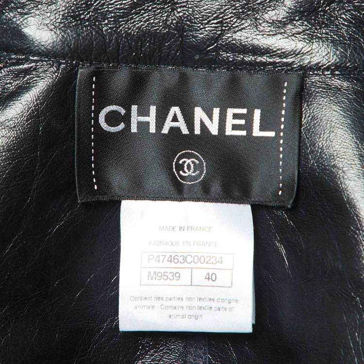 Pre Owned Chanel Navy Blue Leather Zip-Up Button Detail Jacket M