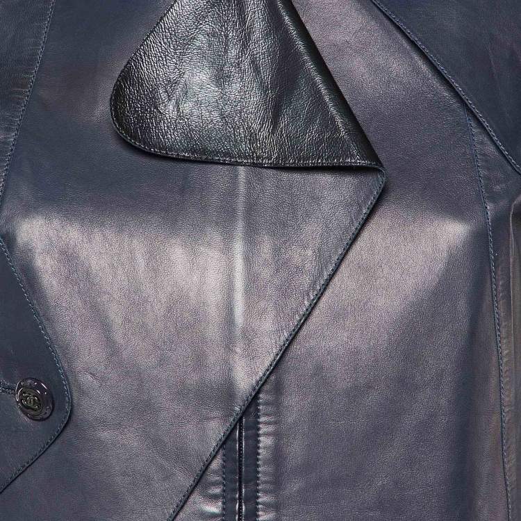 Pre Owned Chanel Navy Blue Leather Zip-Up Button Detail Jacket M