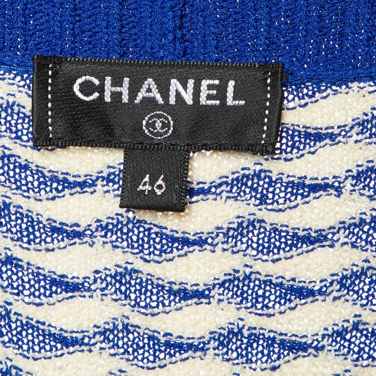 Pre Owned Chanel Blue/White Wavy Knit Sleeveless Belted Long Cardigan XL