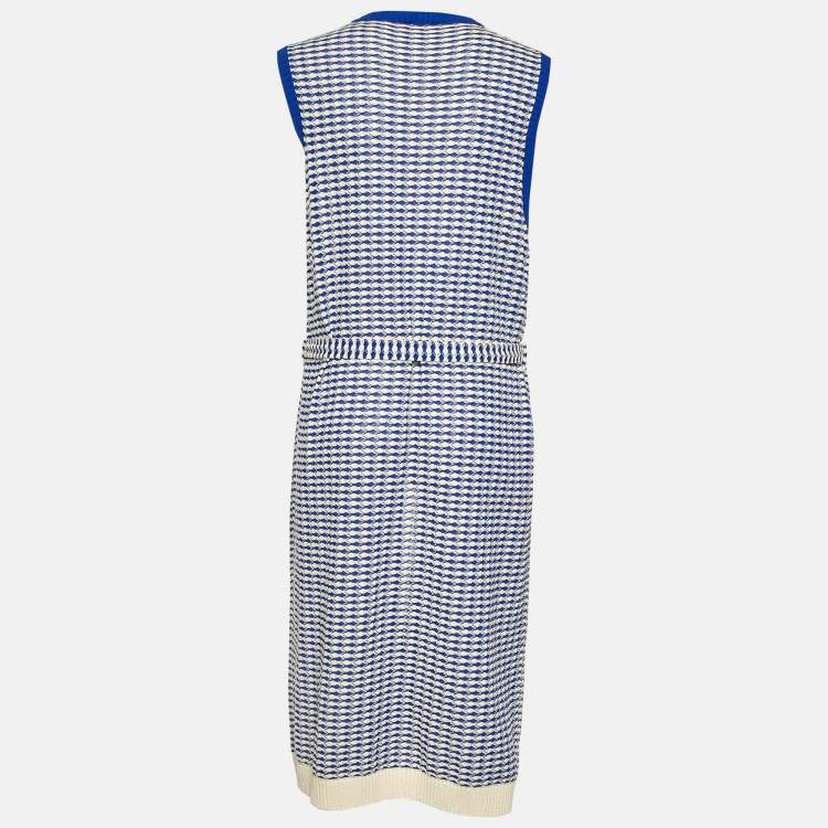 Pre Owned Chanel Blue/White Wavy Knit Sleeveless Belted Long Cardigan XL