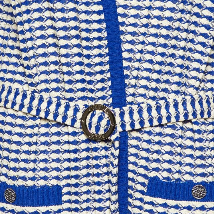 Pre Owned Chanel Blue/White Wavy Knit Sleeveless Belted Long Cardigan XL
