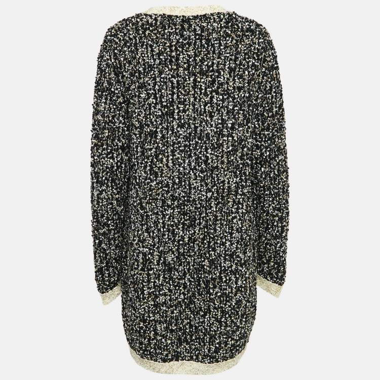 Pre Owned Chanel Black Lurex Knit Tweed Button Front Long Cardigan L