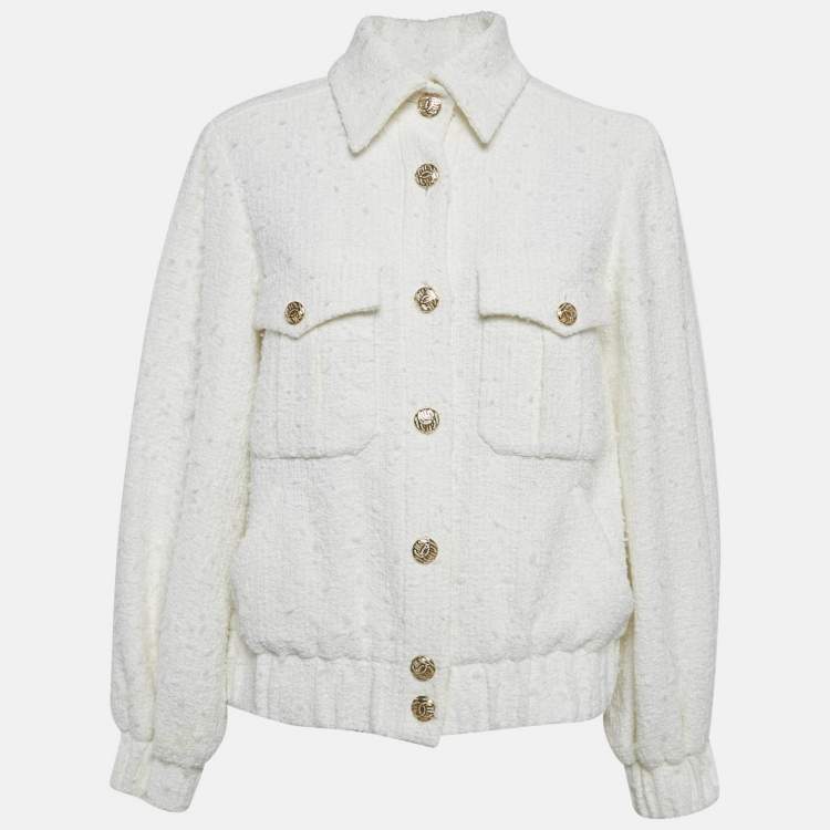 Pre Owned Chanel Ivory White Tweed Pocketed Button Front Jacket M