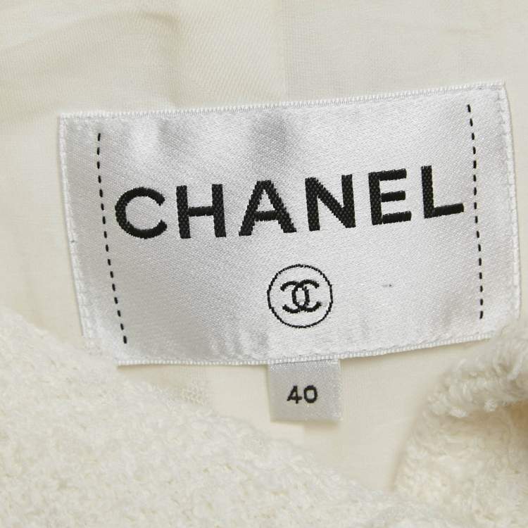 Pre Owned Chanel Ivory White Tweed Pocketed Button Front Jacket M