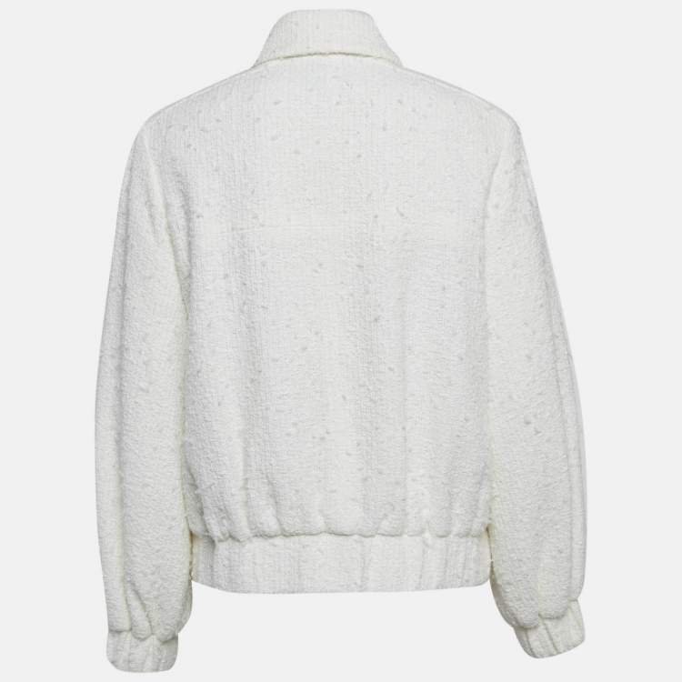 Pre Owned Chanel Ivory White Tweed Pocketed Button Front Jacket M