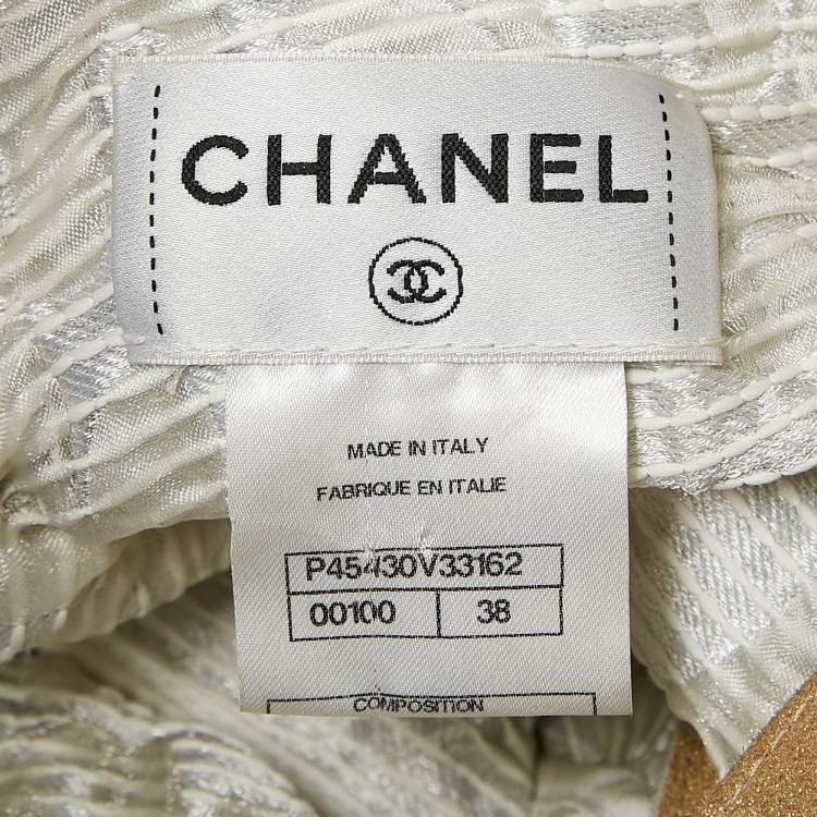 Pre Owned Chanel White Jacquard Golden Suede Trim Mini Wrap Dress M