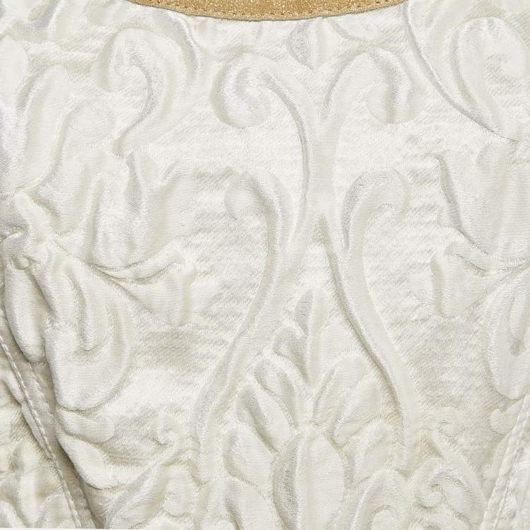 Pre Owned Chanel White Jacquard Golden Suede Trim Mini Wrap Dress M