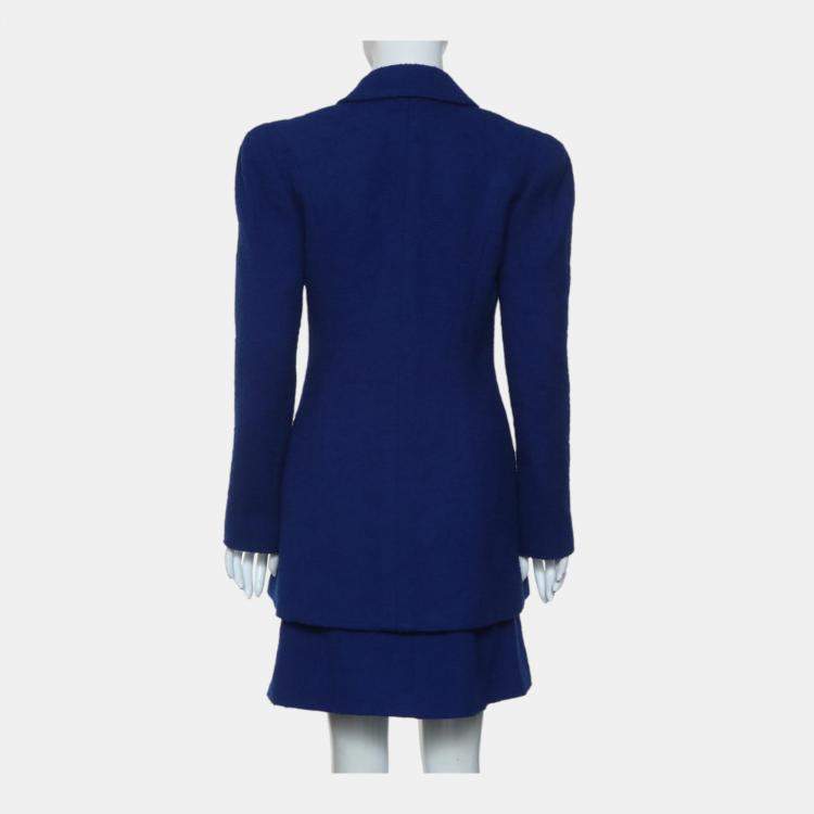 Pre Owned Chanel Blue Tweed Button-Up Jacket And Tweed Skirt Set M