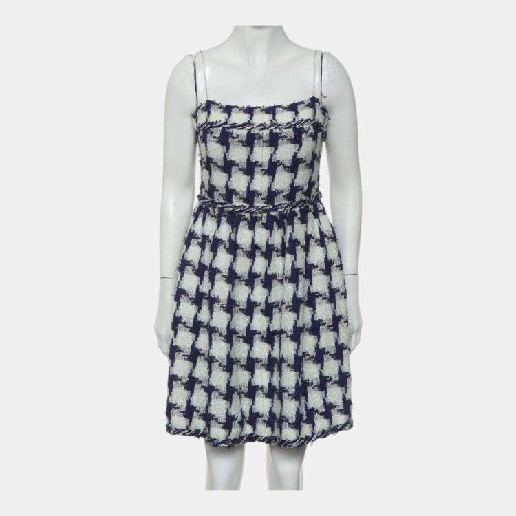 Pre Owned Chanel Black/White Houndstooth Patterned Tube Dress S