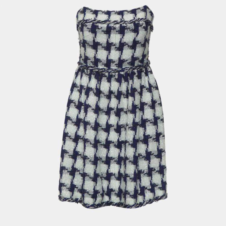 Pre Owned Chanel Black/White Houndstooth Patterned Tube Dress S