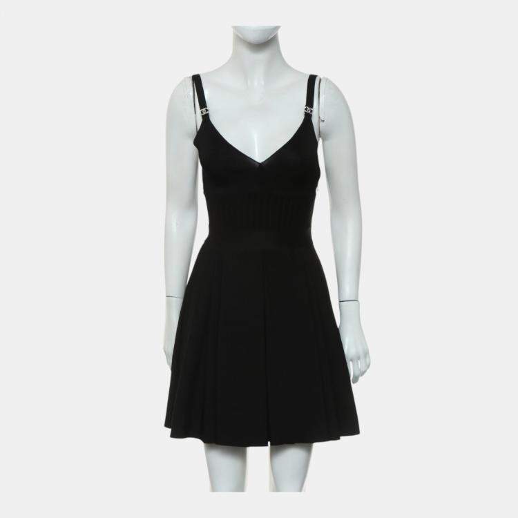 Pre Owned Chanel Black Classic CC Logo Embellishments Pleated Dress  S