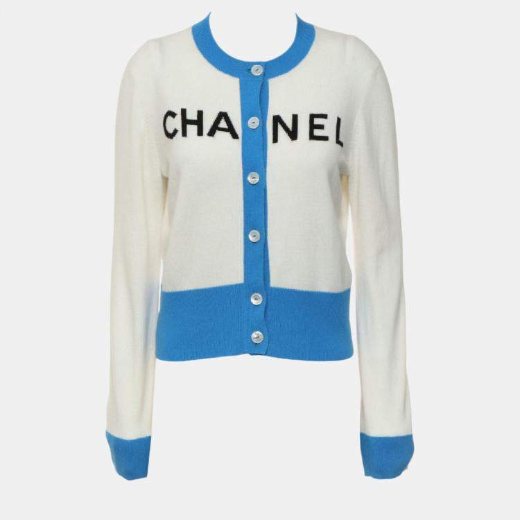 Chanel blue and white cardigan hotsell