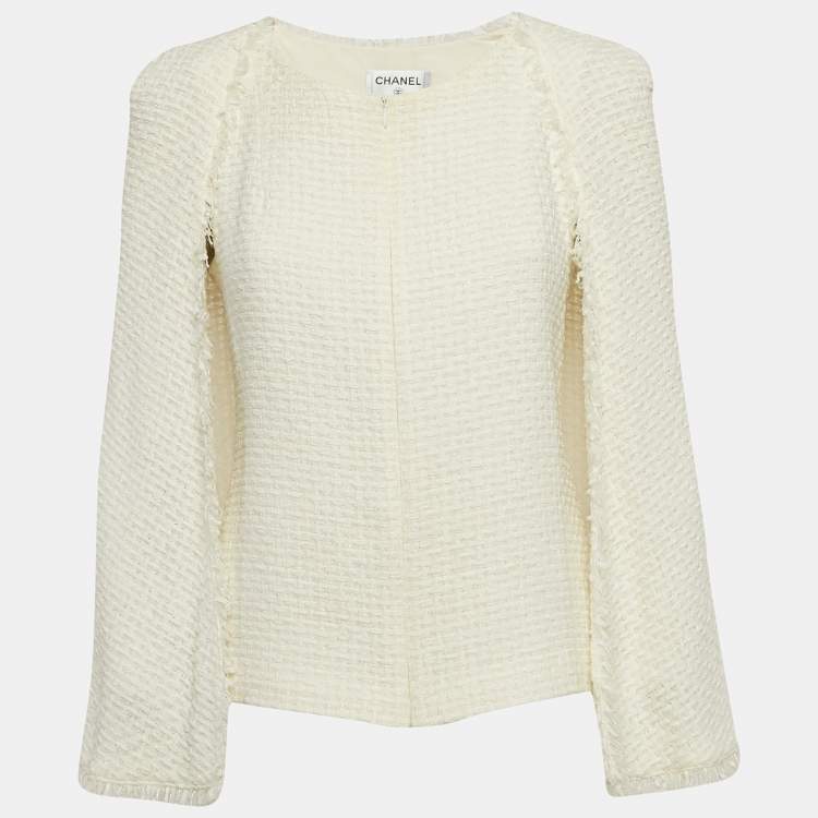 Pre Owned Chanel Ivory White Tweed Cape Fringe Detail Jacket M