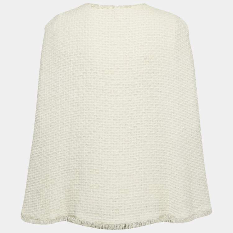 Pre Owned Chanel Ivory White Tweed Cape Fringe Detail Jacket M