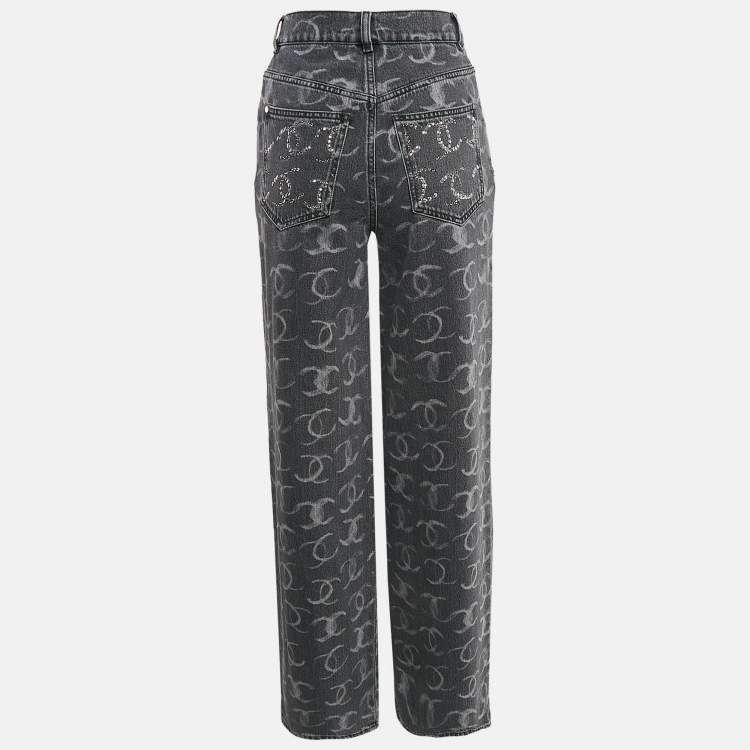 Pre Owned Chanel Grey Logo Pattern Denim Wide Leg Jeans S Waist 27"