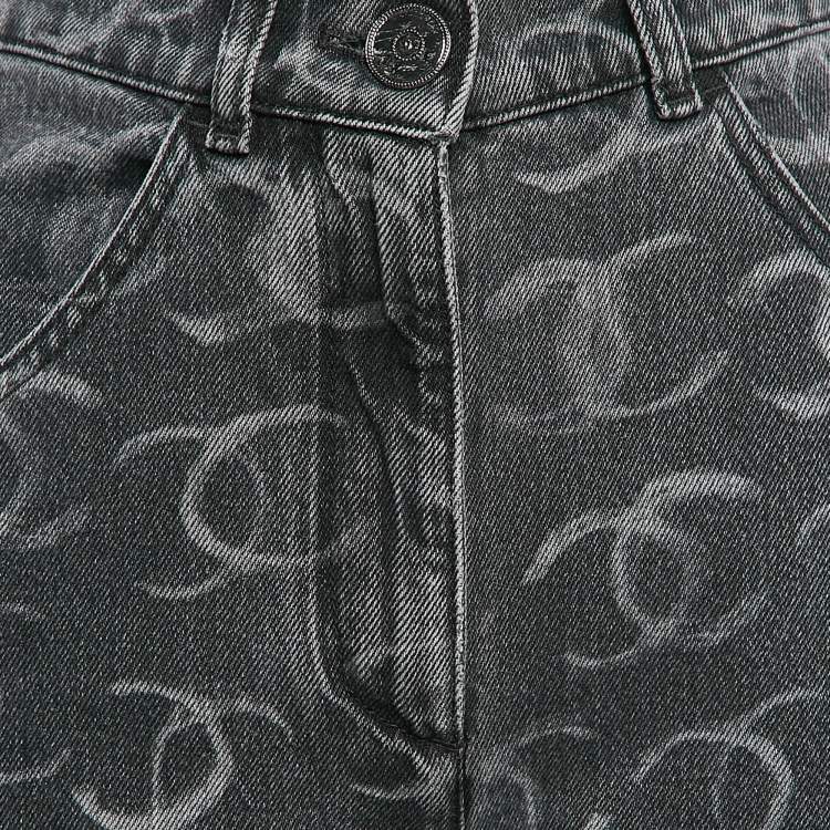Pre Owned Chanel Grey Logo Pattern Denim Wide Leg Jeans S Waist 27"