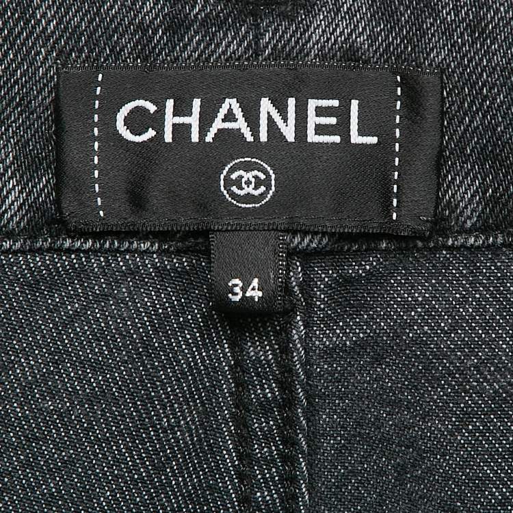 Pre Owned Chanel Grey Logo Pattern Denim Wide Leg Jeans S Waist 27"