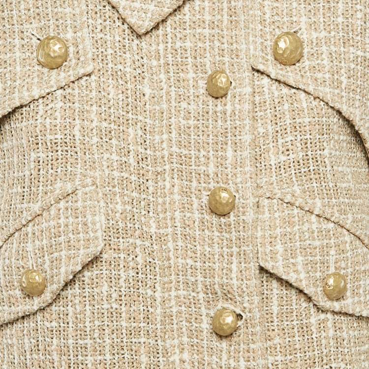 Pre Owned Chanel Beige Tweed Belted Button Detail Jacket S