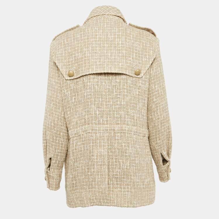 Pre Owned Chanel Beige Tweed Belted Button Detail Jacket S