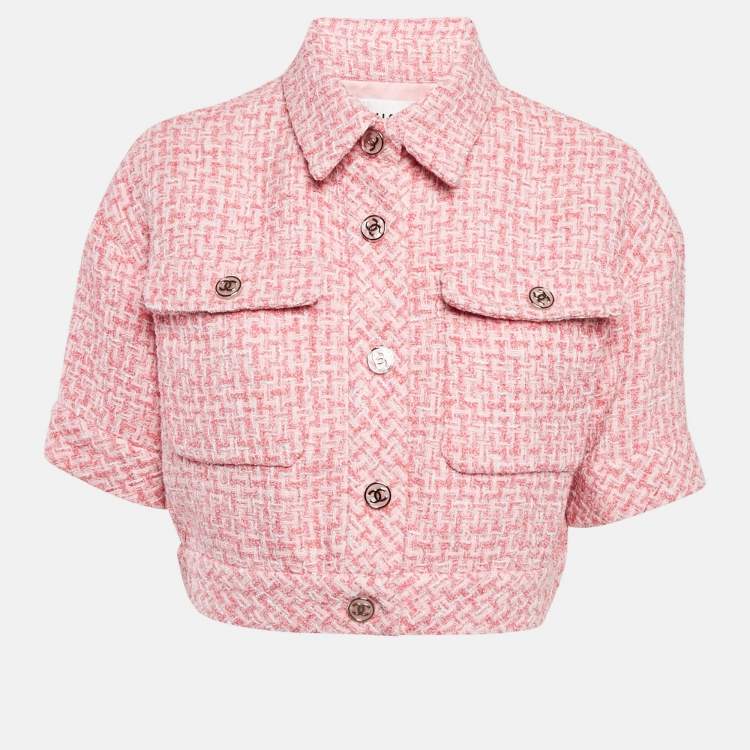 Pre Owned Chanel Pink Tweed Cotton Blend Crop Jacket S