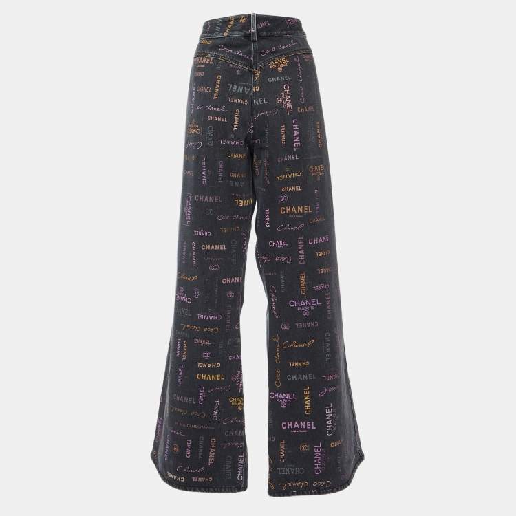 Pre Owned Chanel Black Logo Print Denim Wide-Leg Jeans XXL Waist 38"