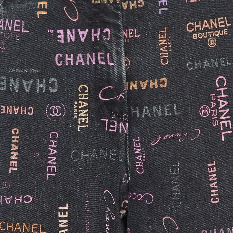 Pre Owned Chanel Black Logo Print Denim Wide-Leg Jeans XXL Waist 38"