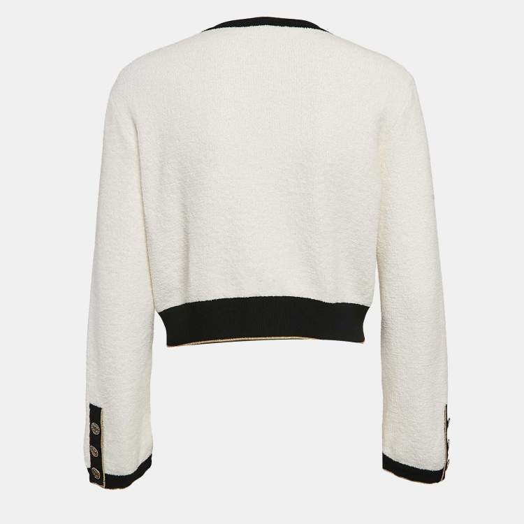 Pre Owned Chanel White Terry Cotton Contrast Trim Cardigan M