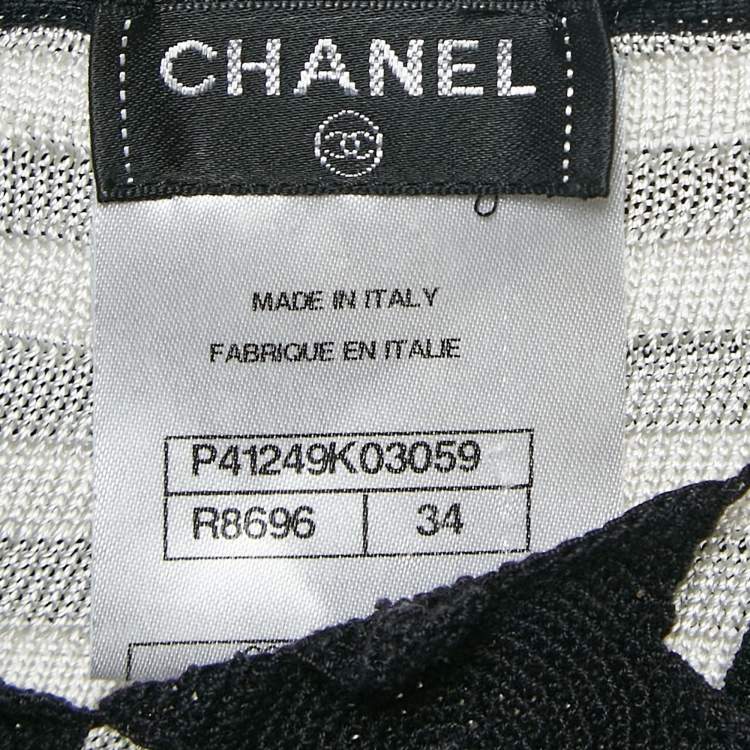 Pre Owned Chanel Black Stripe Knit Neck Lace Trimmed Top S