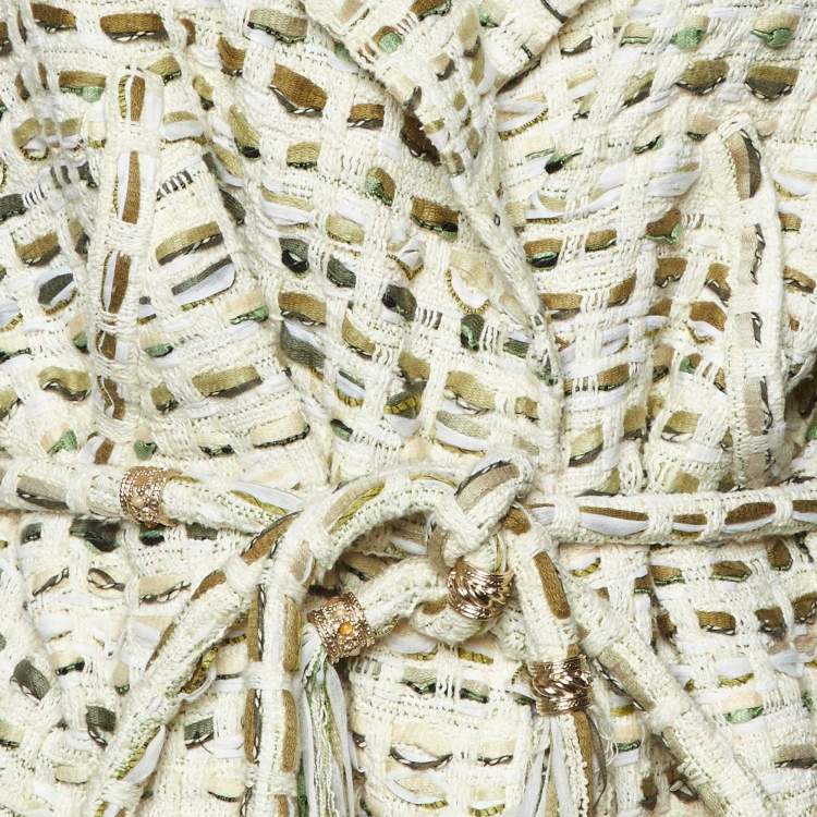 Pre Owned Chanel Cream Tweed Belted Jacket L