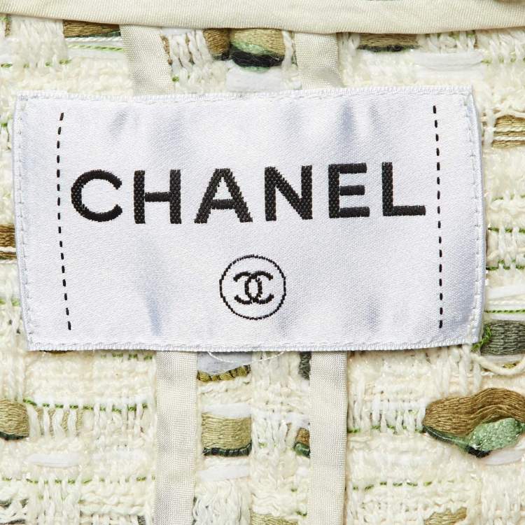 Pre Owned Chanel Cream Tweed Belted Jacket L