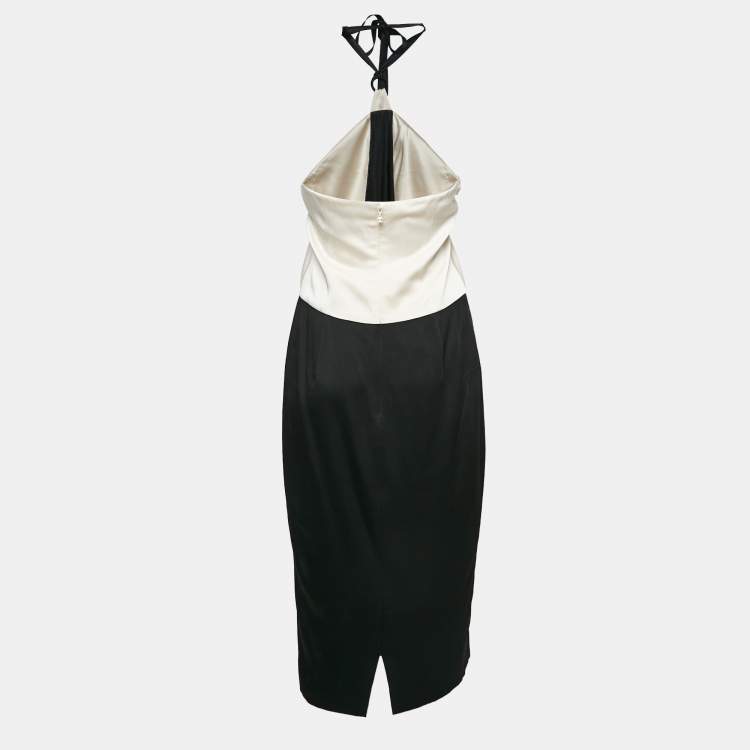 Pre Owned Chanel Black/Cream Satin Knee-Length Tube Dress M