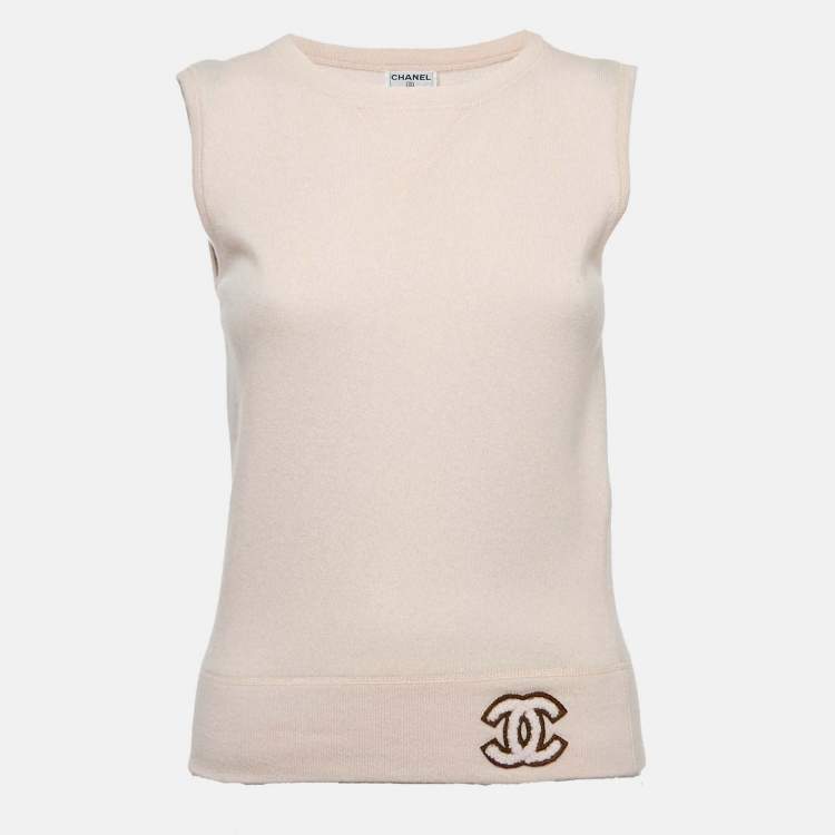 Chanel Pink Cashmere Logo Applique Sleeveless Sweater M