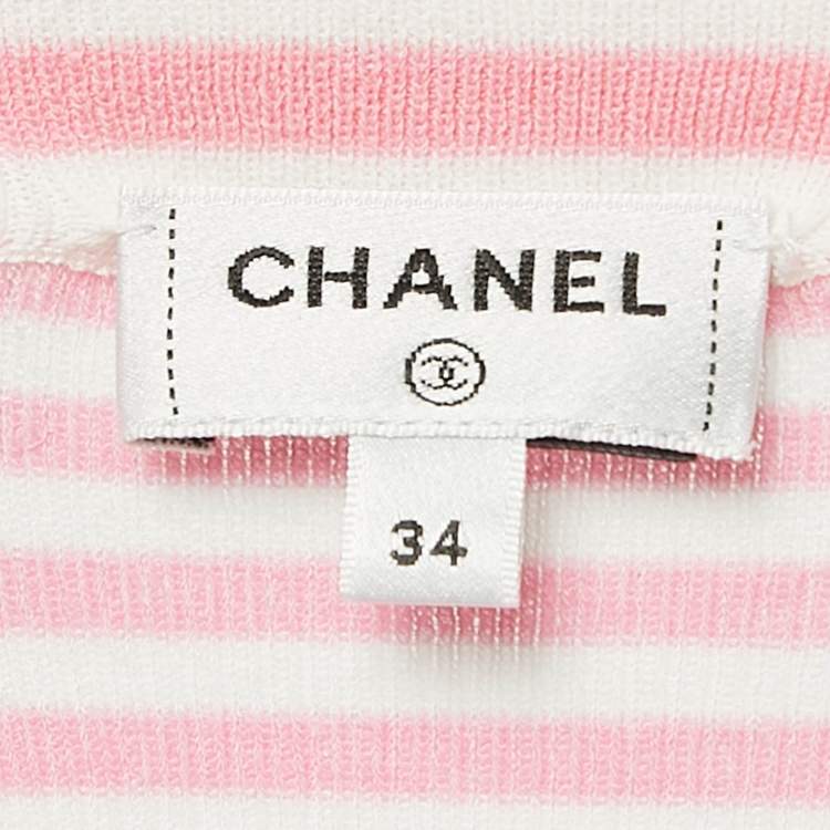مملوكة مسبقًا Chanel Pink/White Stripe Rib Knit Band Collar Top S