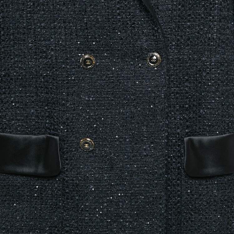 Pre Owned Chanel Black Double Breasted Tweed Oversized Blazer L
