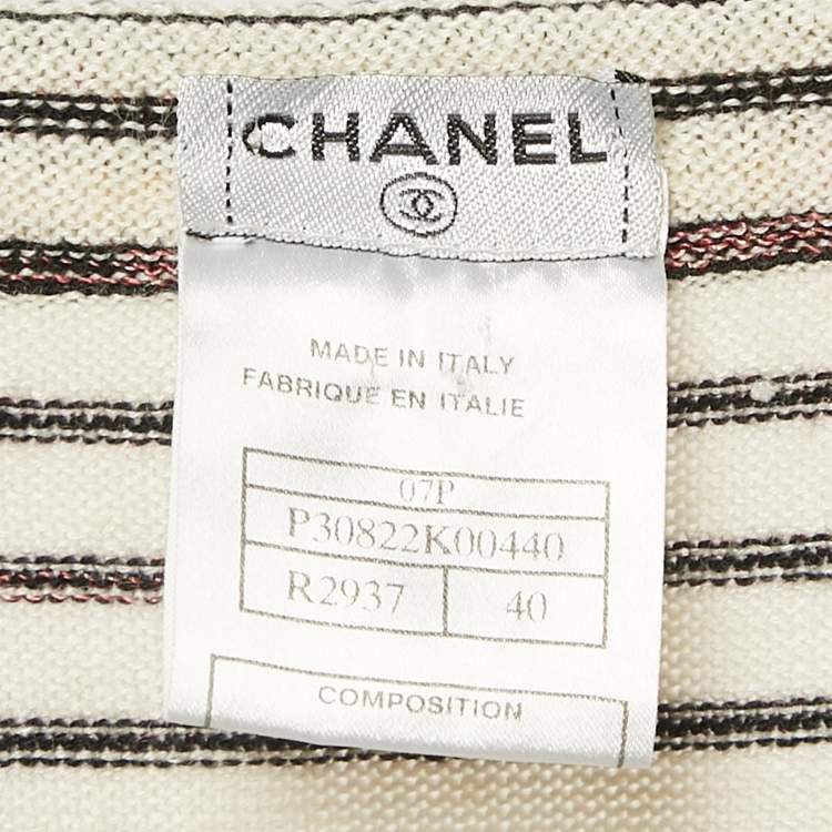 Pre Owned Chanel Beige Striped Knit Beads Embellished Mini Dress M