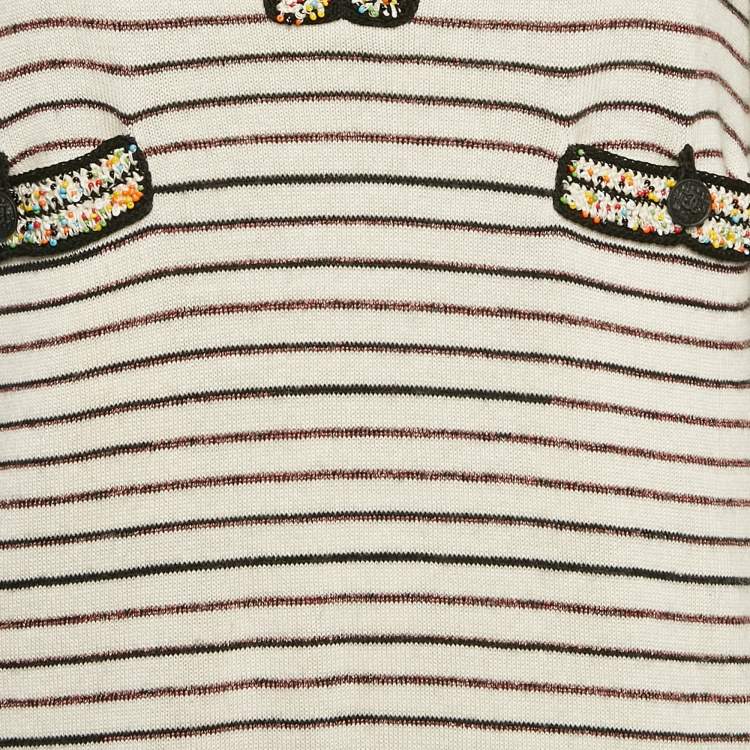 Pre Owned Chanel Beige Striped Knit Beads Embellished Mini Dress M