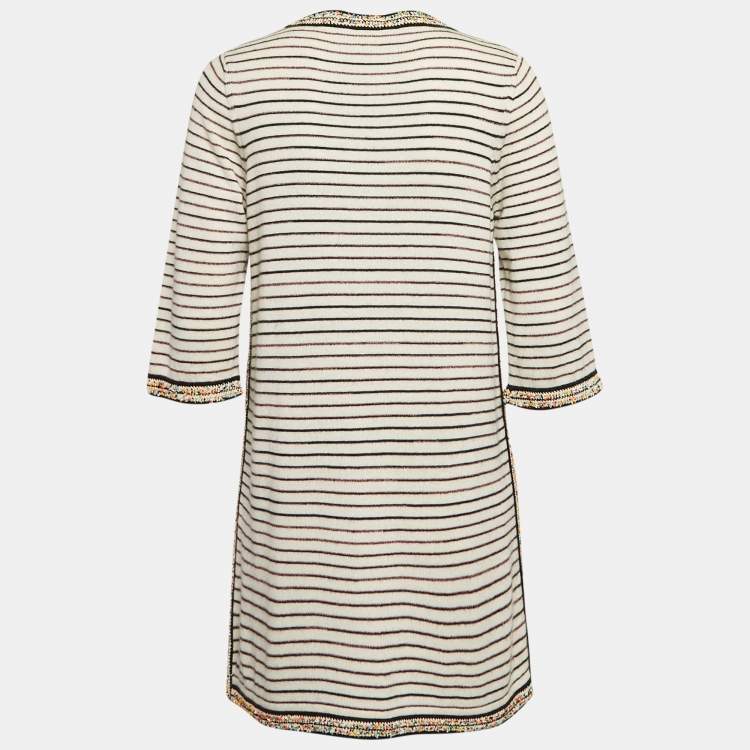 Pre Owned Chanel Beige Striped Knit Beads Embellished Mini Dress M