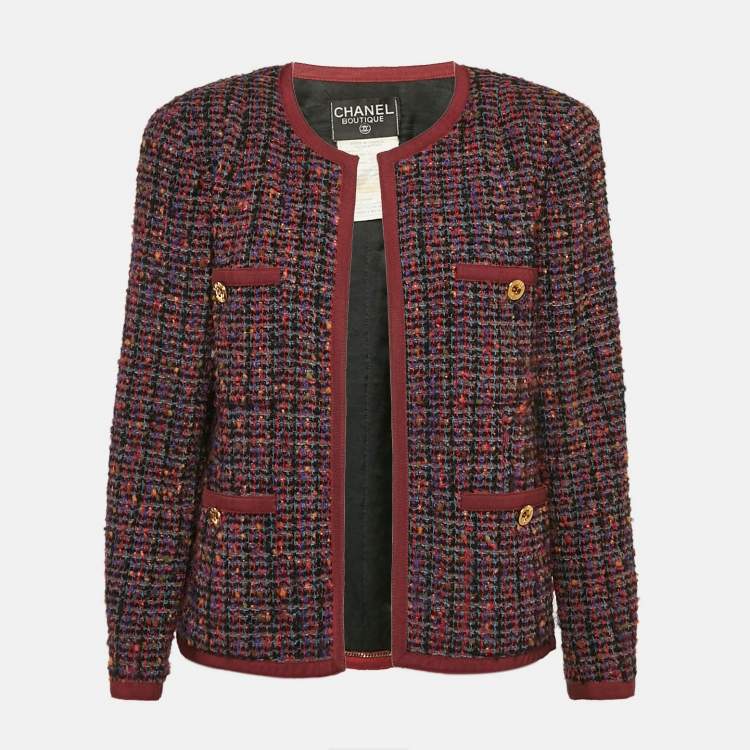 Pre Owned Chanel Vintage Burgundy Tweed Open Front Jacket L