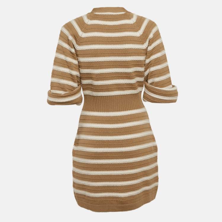 Chanel Beige Ivory Stripe Cashmere Knit Button Front Mini Sweater Dress M