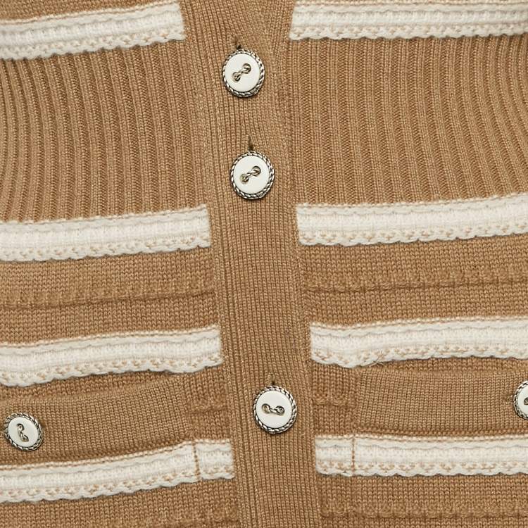 Pre Owned Chanel Beige/Ivory Stripe Cashmere Knit Button Front Mini Sweater Dress M